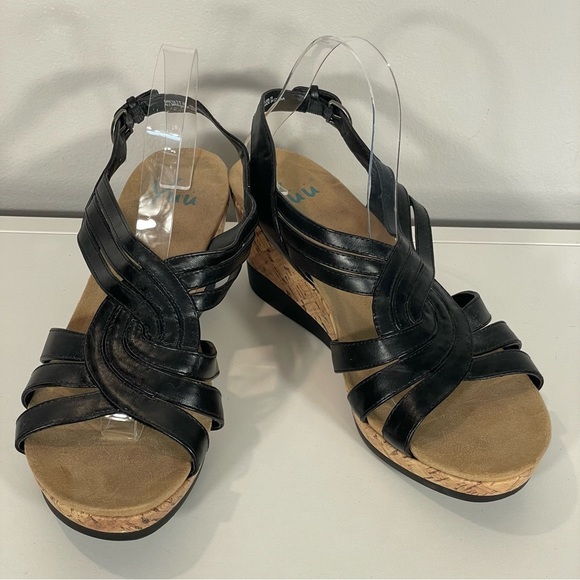 YUU Black Faux Leather Strap Cork Wedge Slingback Platform Sandals Sz 11 M - Picture 1 of 11